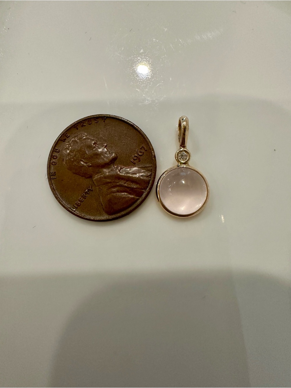 14k solid yellow gold, natural white diamond and round light pink quartz pendant